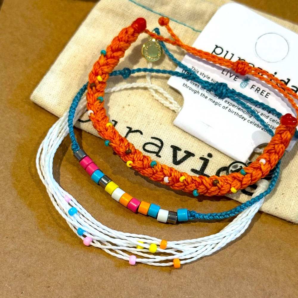 PURA VIDA Beaded Orange Thick Braid, Bead Bracelet and White Beaded Malibu NEW